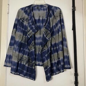 Lafayette 148 virgin wool blue stripe drape front cardigan knit sweater SMALL